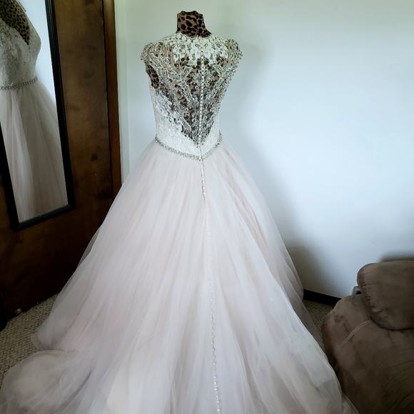 ALLURE Romantic Ivory Lace and Blush Tulle Wedding Gown - Picture 4 of 11